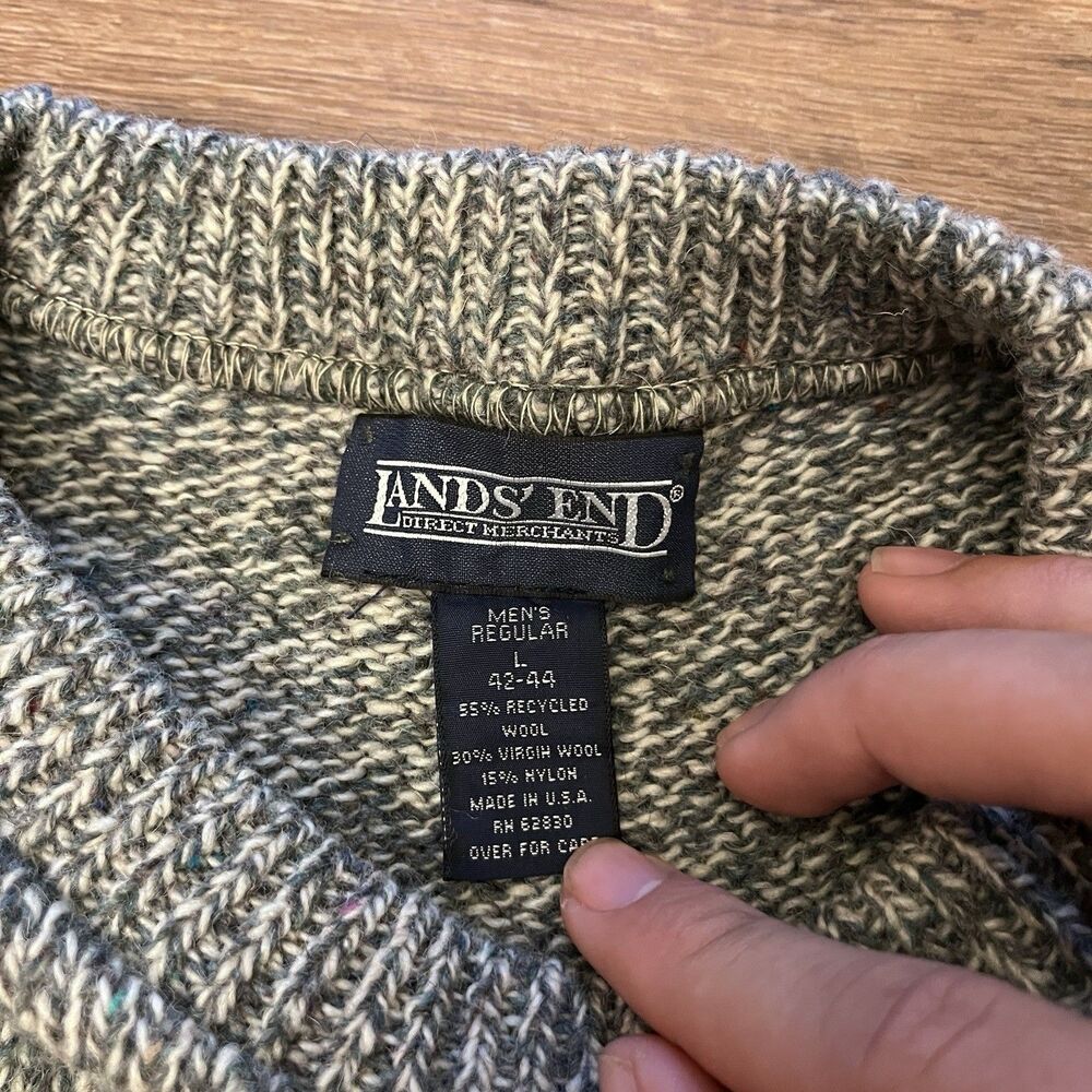 Vintage Lands' End Beige Marled Wool Fisherman Crewneck Knit Sweater L USA Made - Picture 2 of 6